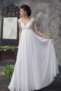 Empire Cap-Sleeve Chiffon Dress With Pleats And Appliques