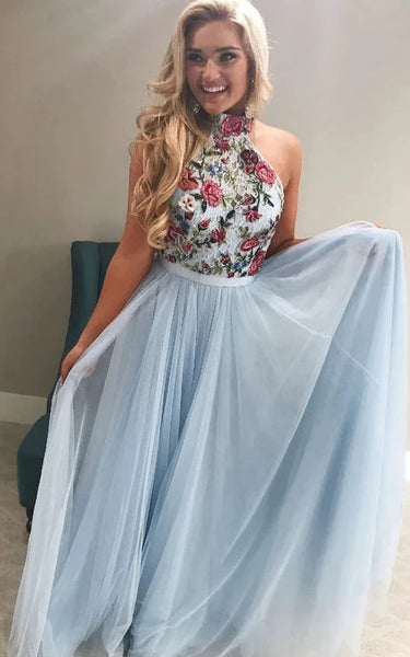 High-Neck Sleeveless Empire Tulle Prom Dress with Floral Applique