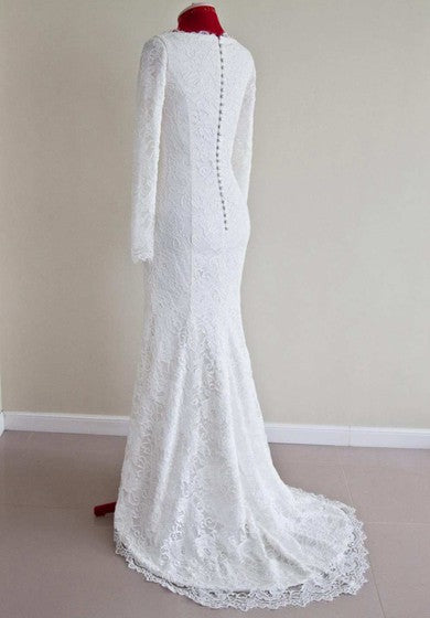 Scalloped-Neck Satin Lace Button Wedding Dress With Zipper