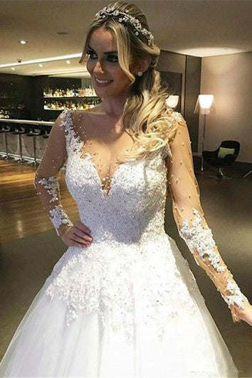 Illusion Deep V Neck Pearls Beaded Backless Sheer See Through Lace Wedding Dress