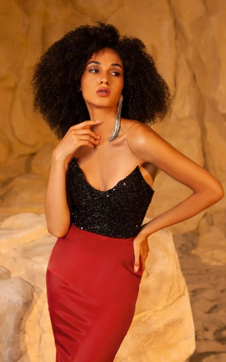 Sexy černo-červené dvoubarevné pouzdrové plesové šaty s odnímatelnou vlečkou