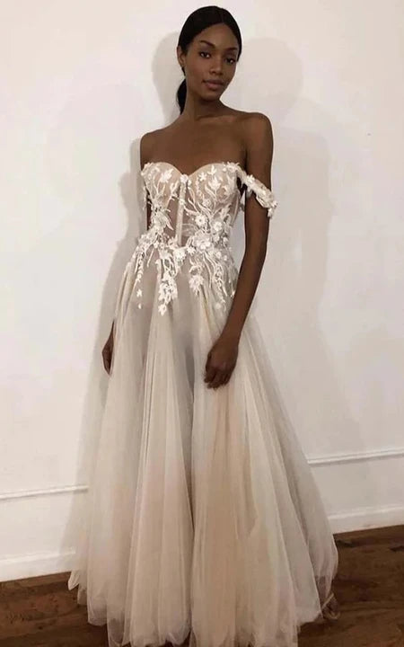Ethereal Off-the-Shoulder Sweetheart A-Line Tulle Wedding Abito con applicazioni floreali