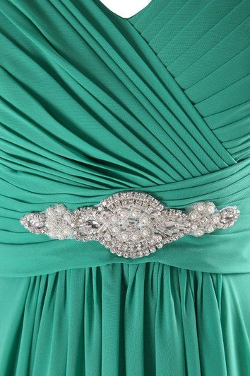 Šaty s výstřihem do V, áčkového střihu, dlouhé, z šifonu s řasením a korálkovou výšivkou