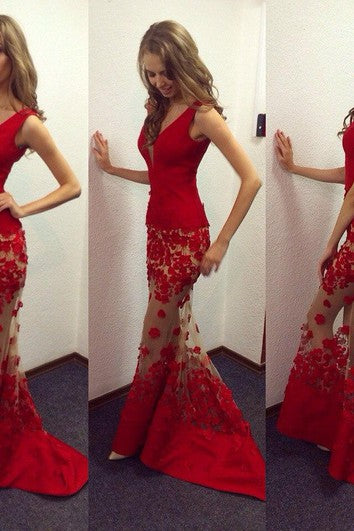 Sexy Red V-Neck Mermaid Prom Dresses Sheer Skirt Long Lace