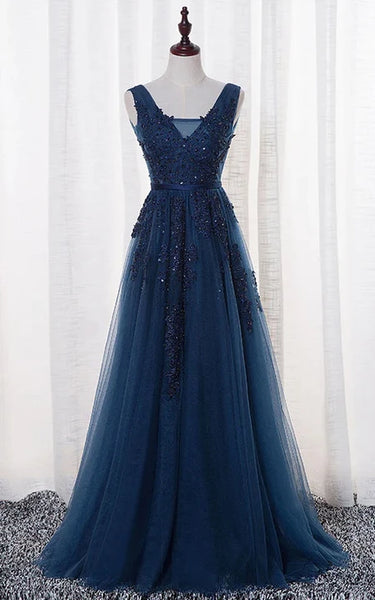 Dark Navy Empire Sleeveless Pleated A-line Floor-length Tulle Prom | Bridesmaid Dress