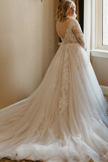 Elegant A Line Lace Brush Train Long Sleeve Backless Wedding Dress with Appliques