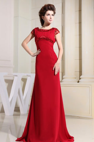 Chiffon Short-Sleeve Floor-Length Dress With Beading and Ruching