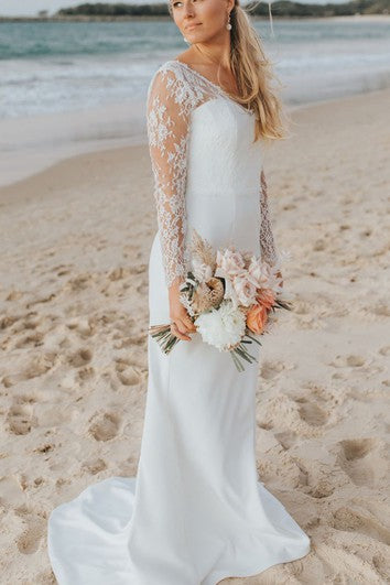 Skromné pouzdrové šaty s krajkovým saténem, V-výstřihem, vlečkou, dlouhým rukávem a hlubokým V-zadním výstřihem pro svatební šaty