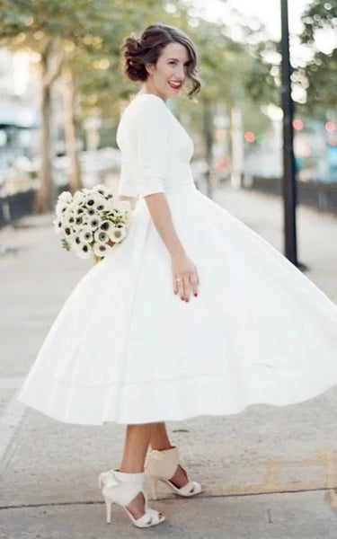 Plunged Satin Tea-length Half Sleeve Wedding Dress