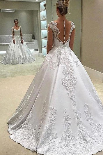 Elegant V-neck Ball Gown Court Train Satin Wedding Dress with Appliques