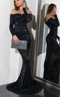 Sexy černé večerní formální šaty s flitry, odhalená ramena, těsně přiléhající střih