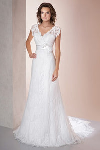 A-Line Long V-Neck Poet-Sleeve Low-V-Back Lace Dress With Appliques And Bow