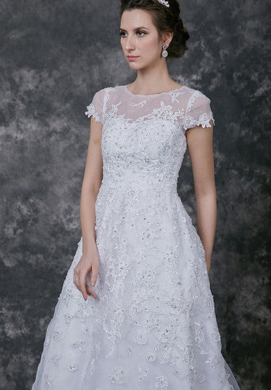 Modern Cap-sleeve Dress With Illusion Neckline and Beaded Lace Applique