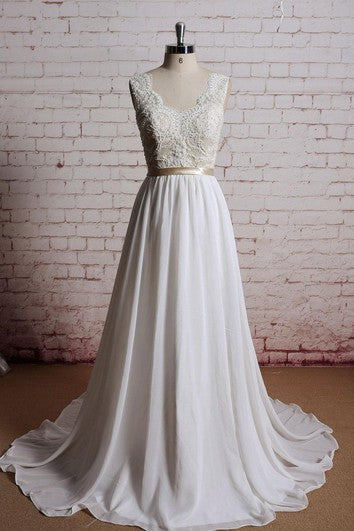 A-Line Chiffon Sleeveless Dress With Lace Bodice and Satin Bow Sash