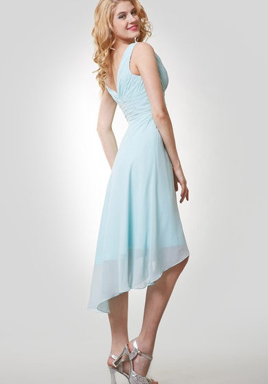 High-Low Chiffon Sleeveless V-Neck Dress With Ruching