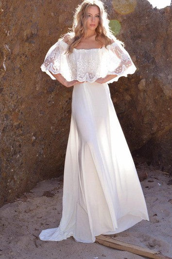 Abito in maglia in pizzo fuori dalla spalla con ricamo