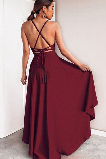 High-Low Sexy A Line Plunging Neck Evening Dress