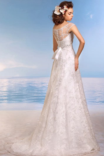 A-Line Floor-Length Scoop Cap-Sleeve Empire Illusion Lace Dress With Beading And Appliques