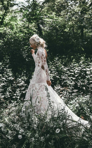 High-neck Sheer Lace Backless Long Sleeve Wedding Dress with Sweep Train