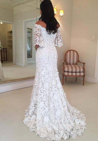 Vintage Bohemian Off The Shoulder Half Long Sleeves Lace Bridal Gown