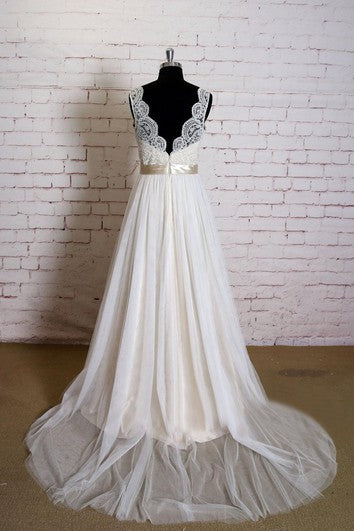 Sleeveless Queen Anne Neck A-Line Tulle Dress With Satin Sash