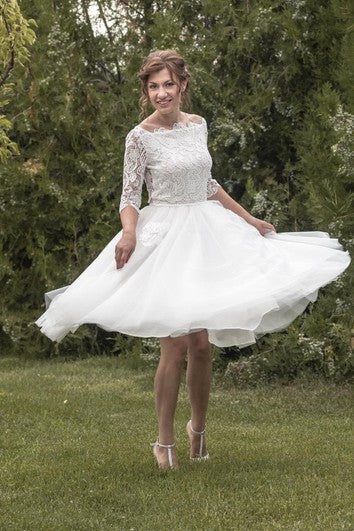 Lace Bodice Tulle Tea Length Dress With Lace Pocket