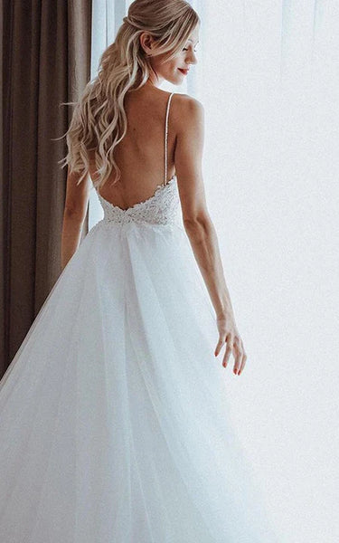 Spaghetti Beaded Empire A-line Tulle Wedding Dress