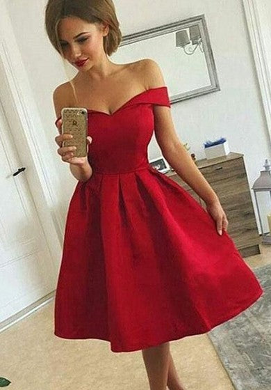 A-line Sleeveless Satin Off-the-shoulder Zipper Tea-length Homecoming Dress