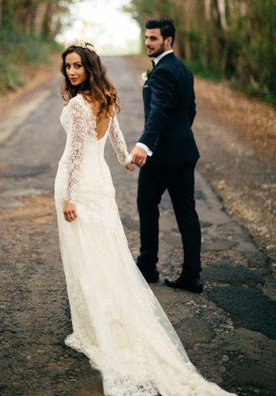 Romantic Bohemian Long Sleeves Sexy Deep V Neck Backless Lace Wedding Dress