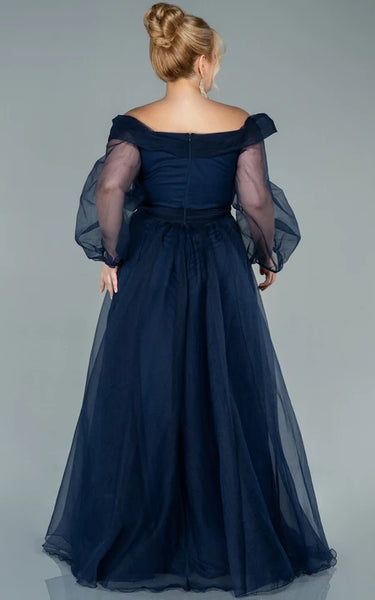 Off-the-shoulder Slit Front illusion Long Sleeve Plus Size Mother of Bride Dress with Zipper Back