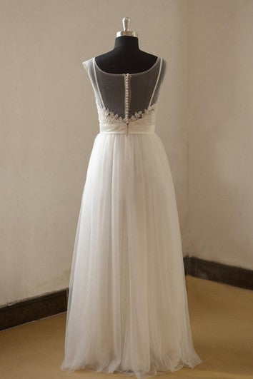 A-Line Tulle and Lace Cap Sleeve Dress With Bateau Neckline and Illusion Back