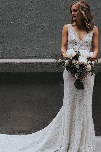 Sexy abito da sposa da sposa da spina con guaina con scollo a V-Neck Light Long Long Fallo