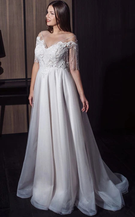 Cowl-neck Off-the-shoulder Plus Size A-line Wedding Dress with Crystal Detailings and Lace applique