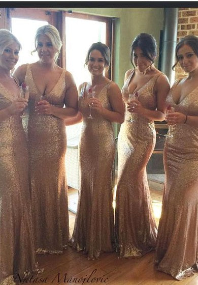 Stunnning V-Neck Sequins Gold Bridesmaid Dresses 2018 Plus Size Long Floor Length