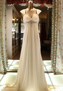 Empire Chiffon Maternity Queen Anne Beadings Pleats Low-V-Back Wedding Dress with Sweep Train