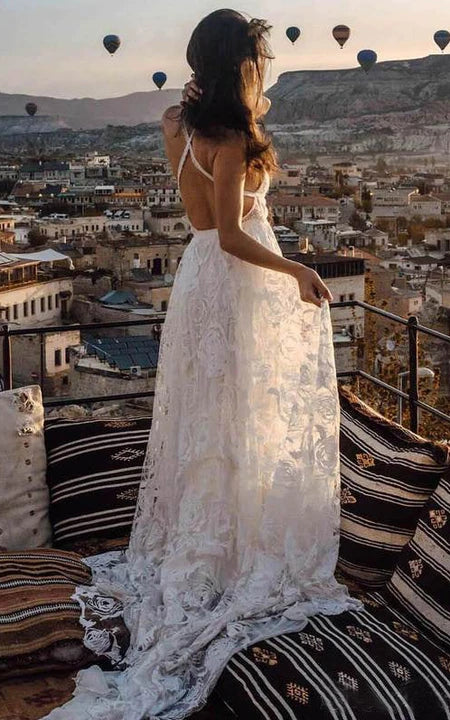 SPAGHETTI sexy sexy frontalta senza maniche in pizzo in pizzo abito da sposa in pizzo