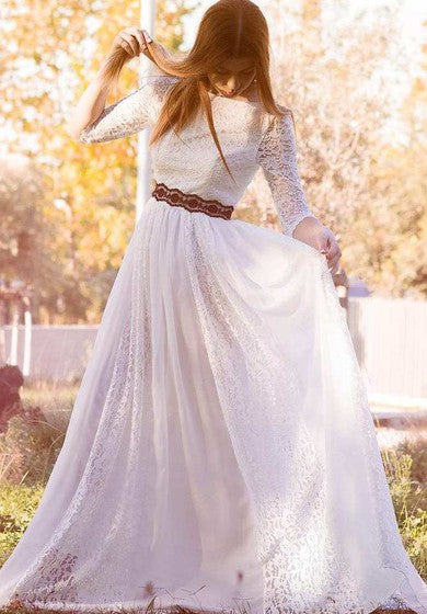 Bateau-Spitzen-Brautkleid mit halblangen Ärmeln und Spitzenband