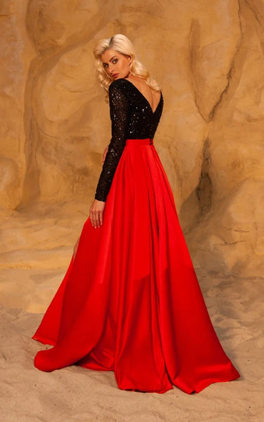 Plunged Illusion Long Sleeve Black and Red Front Split Prom Dress with Beaded Top