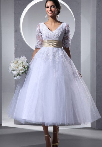 Half-Sleeve V-Neck Tea-Length Dress With Tulle Overlay