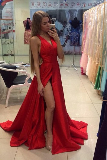 Sexy Red V-neck Long Prom Dress Sleeveless Front Split