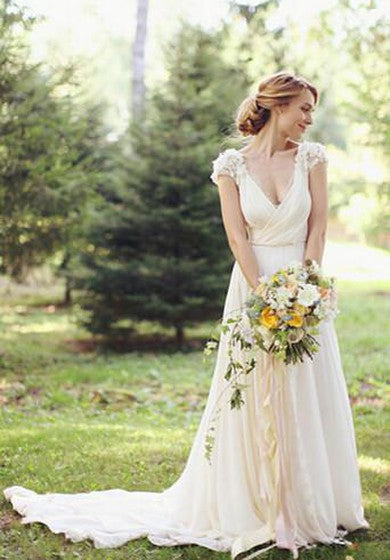 Vestido de boda de flores de gasa de cuello en V moderno 2018 Train de barrido