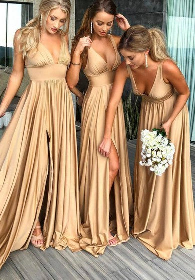 Plunging V-neck Sleeveless Empire Front Split Bridesmaid Dress With Pleats