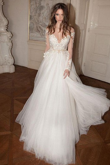 A-Line Long Sweeve Train Wortless Tulle e Abito in pizzo