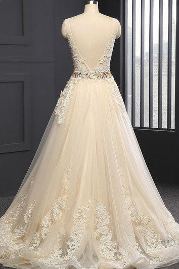 Sleeveless Cap Appliques Backless Tulle Sequins Dress