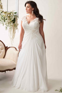 Sheath V-Neck Appliqued Cap-Sleeve Chiffon Plus Size Wedding Dress With Ruching And Keyhole