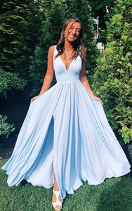 Sexy Plunged Simple Chiffon Front Split Sky Blue Dress