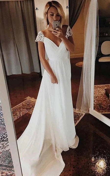 Cap Criss-cross Chiffon Empire Ruched Court Train Wedding Dress