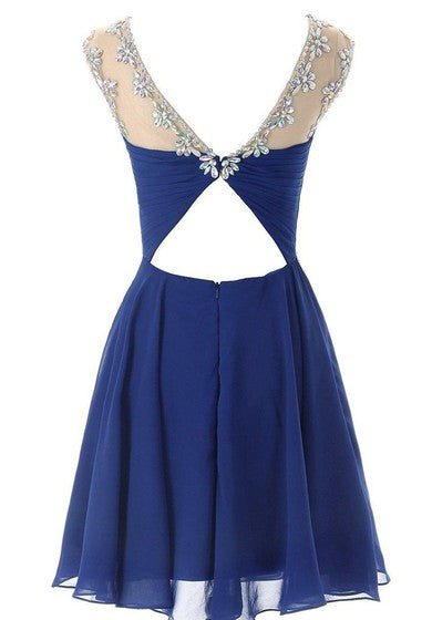 Cap-sleeved Chiffon Dress With Beading and Keyhole Back