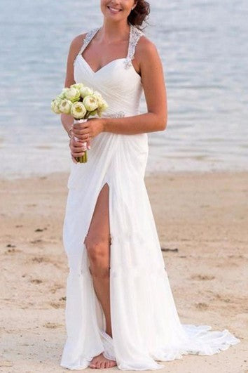 Vintage Beach V Neck Beaded Backless Front Split Sheath Bridal Gown