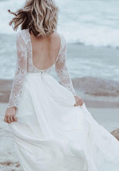 Simple A Line Bateau Tulle Lace Long-longitud de la manga larga Vestido de novia con delante dividido y pliegues